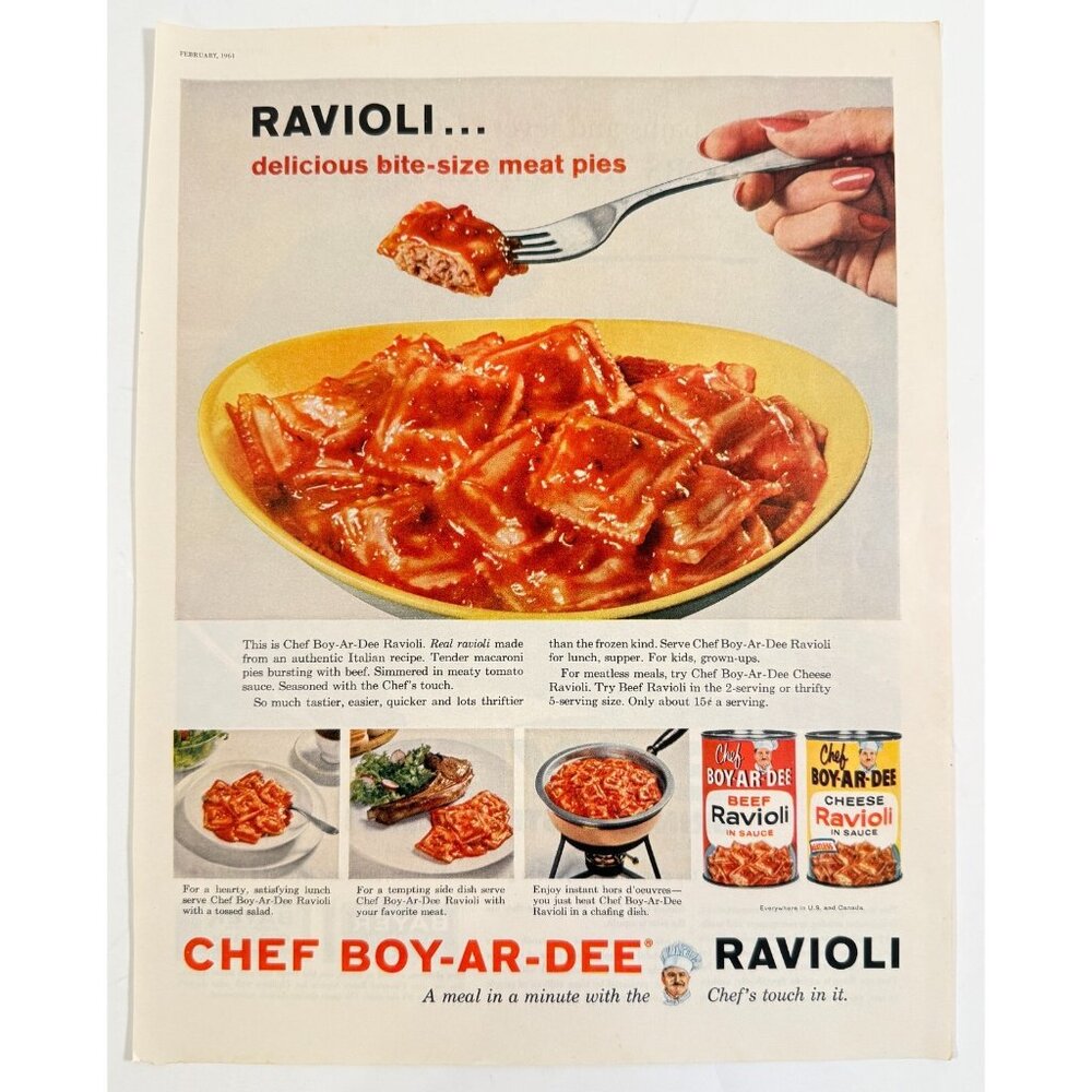 Vintage 1961 Chef Boy-Ar-Dee Ravioli Food Advertisement Print
